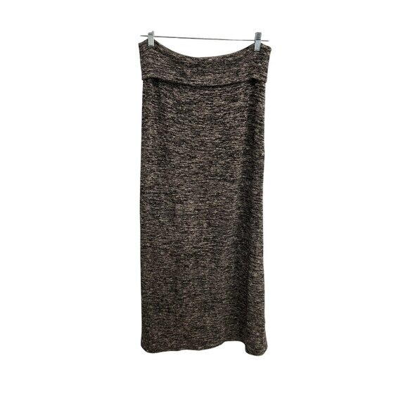 MSSP Womens Maxi Skirt Heathered Knit Fold Over Waist Band Black Gray Stretch - Picture 1 of 10